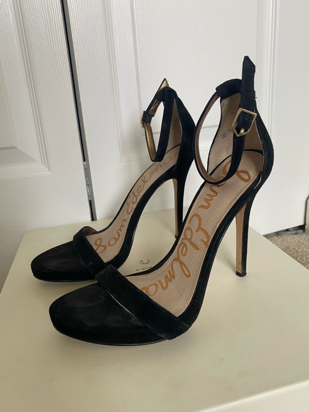 Sam Edelman Black Suede Ankle-Strap Stilettos with Gold Buckle
